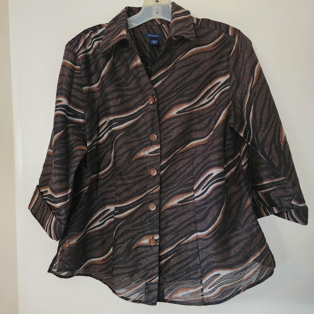 M vintage 70s style zebra print brown and tan button up blouse